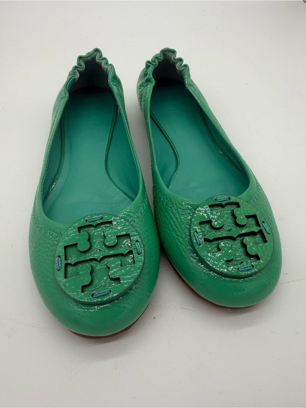 Tory Burch Emerald Green Leather Logo Ballet Flats New